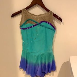 Skating dress - aqua and purple lots of crystals on top 12” wide seam to seam